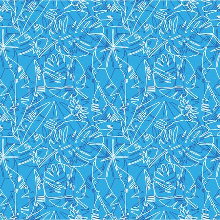 Tropical floral seamless pattern. Line graphics. Blue background. White and blue lines. Vector illustration for fabric design, packaging, cards, banners, greeting cards.のイラスト素材