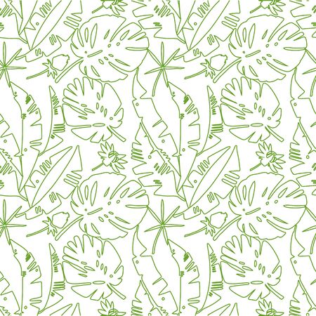 Tropical floral seamless pattern. . Linear graphic. White background. Vector illustration for fabric design, packaging, cards, banners greeting cardsのイラスト素材