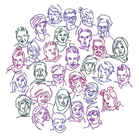 MULTICULTURAL TEAM. Modern multicultural society concept with people. group of people. black and white graphics. Different nationalities, characters, clothes and hairstyles. Portraits of men and women.のイラスト素材