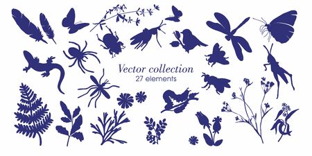 Set of silhouettes of botanical elements. Branches with leaves, herbs, wild plants, trees. Garden and forest collection of leaves and grass. Vector illustration on white background - Vector Graphicsのイラスト素材