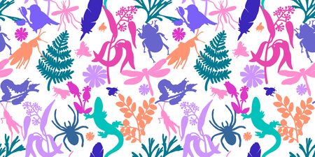 Summer vector seamless pattern. White background. Plants, insects, flowers. Lizards, dragonflies, beetles and plants. Textile, wallpaper, paperのイラスト素材
