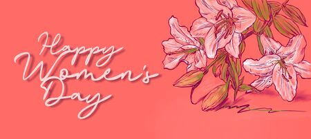 March 8 International Women's Day. Valentine's Day. Drawing, sketch by electronic pencil. White lilies lie on a pink background. Banner, postcard, place for text. View from above. Copy spaceの写真素材