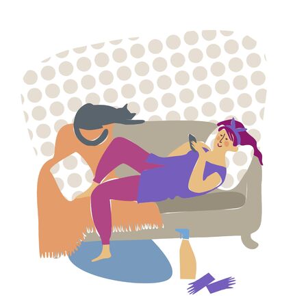 A woman is resting on the sofa with a phone in her hands. A woman is resting while cleaning the house. A cat lives nearby. Flat cartoon colorful vector illustration. Flat style.のイラスト素材