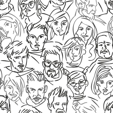 Seamless pattern of a group of people. Many different avatars. Portraits of men and women. Black and white linear people. character design.の写真素材