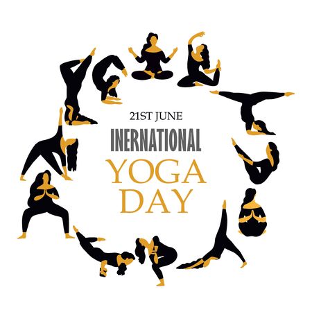 21 june- yoga body posture, illustration of international yoga day, Woman practicing yoga. Yoga exercises. Women silhouettes set.の写真素材