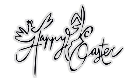 Happy easter hand drawn modern calligraphy design vector illustration. Rabbit and chicken Easter symbols. Ideal for advertising, posters, announcements or greeting cards. Beautiful letters for your needs.のイラスト素材