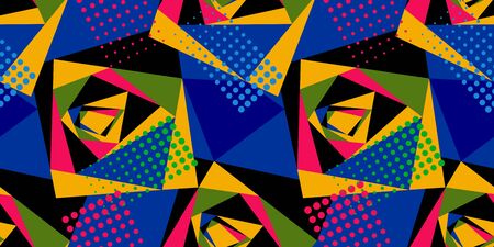 Abstract seamless geometric pattern. Grunge urban repeating background for textile, wrapping paper. Squares, triangles, dots in bright contrasting colors.のイラスト素材