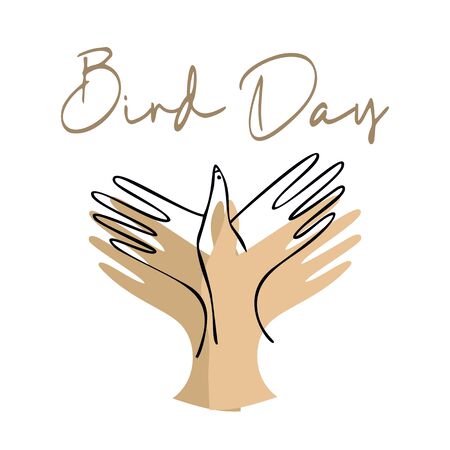 Bird Day Vector Illustration. two hands are folded in the shape of a bird. Outlineのイラスト素材