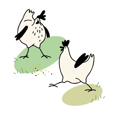 Set of vector roosters and chicken silhouette. Flat styleのイラスト素材