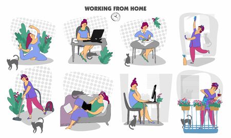 Work from home. Home office. Remote working. Plan your day. Freelance. Woman self employed concept remote working. Conceptual flat illustration.の写真素材