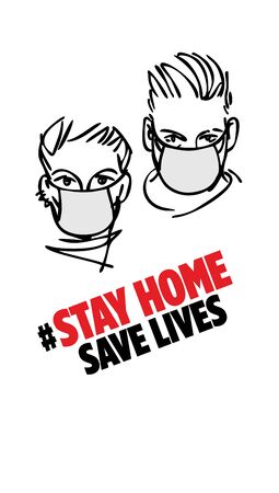 Cavid-19 quarantine campaign . People who wear a medical face mask say stay home, save lives. illustration in a linear style. Vertical formatの写真素材
