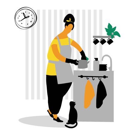 A young woman is washing dishes. Vector illustration in a flat, style.のイラスト素材