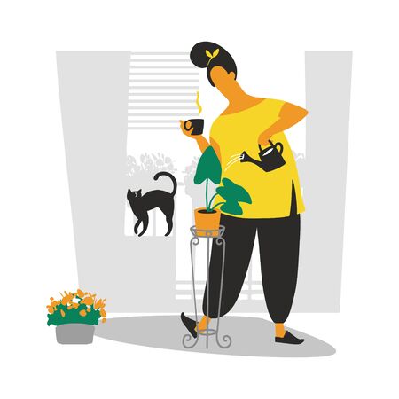 Lovely young woman taking care of home garden, watering houseplants growing in planters. Portrait of adorable funny girl enjoying her hobby. Flat vector illustration.のイラスト素材