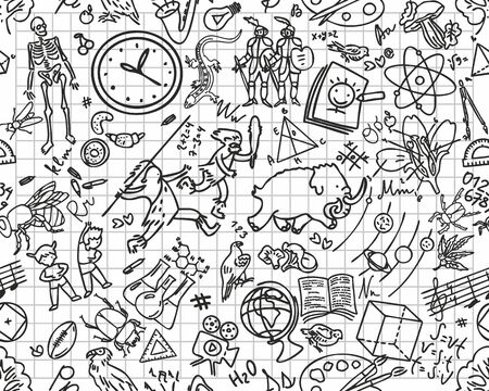 Back to school seamless pattern with hand-drawn doodles. Sketch background element vector illustration. white background, black graphics.のイラスト素材