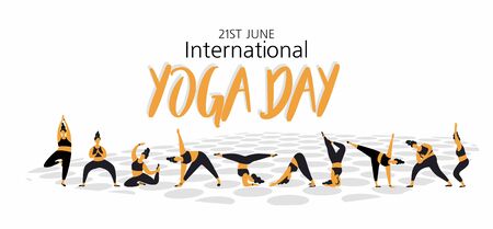 yoga day. Vector illustration,poster,flyer or banner of international yoga day. Women silhouettes set. Textのイラスト素材