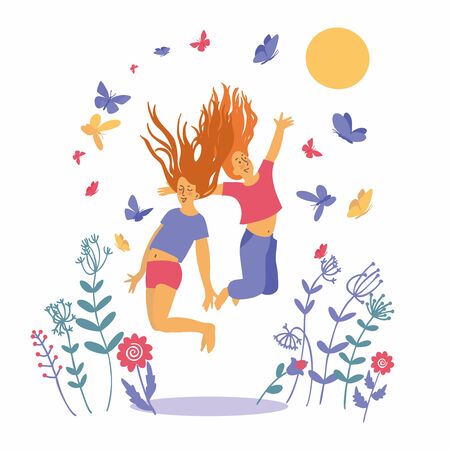Two teenage girls jump on the grass among flowers. Butterflies flutter around the girls. Funny children play in the Park. Happy childhood. Sunny day. Vector flat style.のイラスト素材