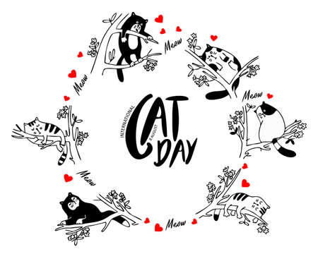 International Cat Day vector card, illustration with cute cats sitting on the trees. Outline style. Line art. Text.のイラスト素材