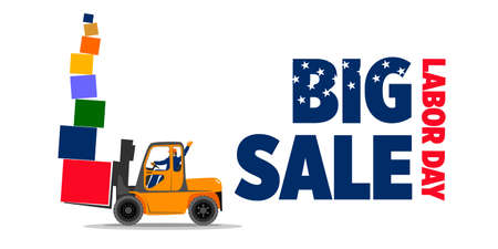 Big holiday discounts on labor day. Lots of presents. Poster, banner, postcard. Flat style.のイラスト素材