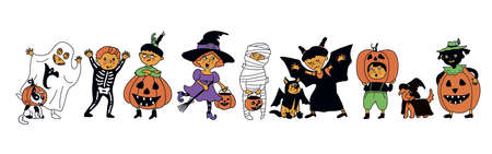 Halloween kids character set. Children in colorful Halloween costumes: bat, witch, ghost, mummy, death, pumpkin, zombie. Dogs in suits Cartoon set. Vector illustrationのイラスト素材