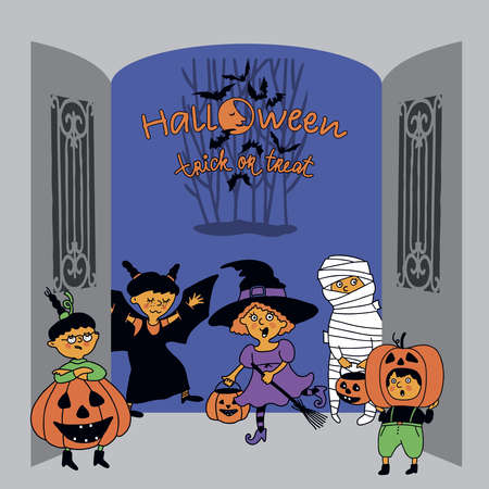 Halloween. Trick or treat. Vector illustration. Children dressed in a Halloween costumeのイラスト素材