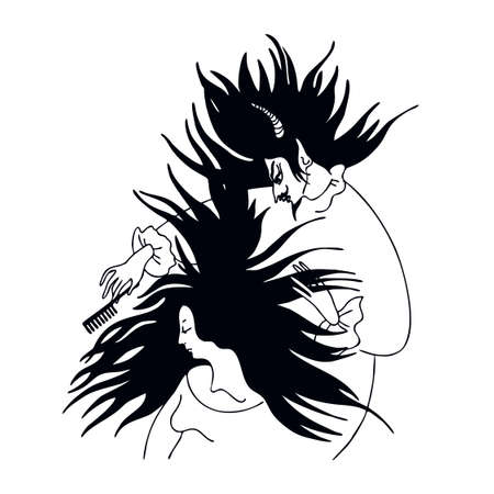 The silhouette of a romantic devil combing a witchs hair. Halloween. Vector design. Black and white texture. Isolatedのイラスト素材