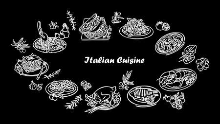 Italian cuisine line icon set. Italian Food. white silhouettes on a black background. Can be used for topics like healthy diet, dinner, restaurant menu, cooking. Hand Made Design Vector. Outline styleのイラスト素材