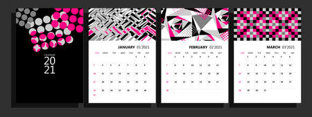 Calendar planner for 2021. Wall calendar template for 2021. The pages have space for notes. The diary is made in modern geometric. The week starts on Sundayのイラスト素材