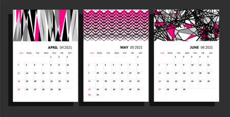 Calendar planner for 2021. Wall calendar template for 2021. The pages have space for notes. The diary is made in modern geometric. The week starts on Sundayのイラスト素材