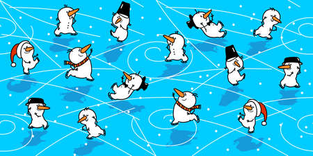 Christmas snowman and snowflakes. White cute snowmen skating on blue ice. Christmas seamless patternのイラスト素材