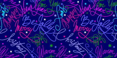 Happy Christmas handmade seamless background with calligraphy. Congratulations and wishes on the holiday. Repeating texture for new years holidays. Colored lettering on a blue backgroundのイラスト素材