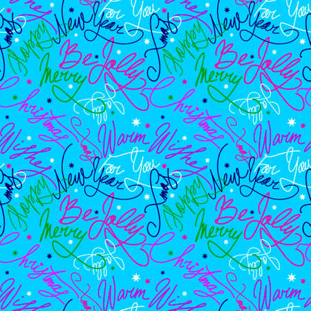Happy Christmas handmade seamless background with calligraphy. Congratulations and wishes on the holiday. Repeating texture for new years holidays. Colored lettering on a blue backgroundのイラスト素材