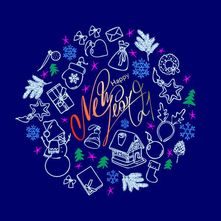 Inscription Happy New year 2021. Round frame with Christmas symbols on a blue background. Hand-drawn vector illustration. Greeting card, holiday banner, web poster. Doodle styleのイラスト素材