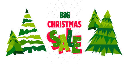 Big Christmas sale . Vector banner. Text and Christmas trees are isolated on a white backgroundのイラスト素材