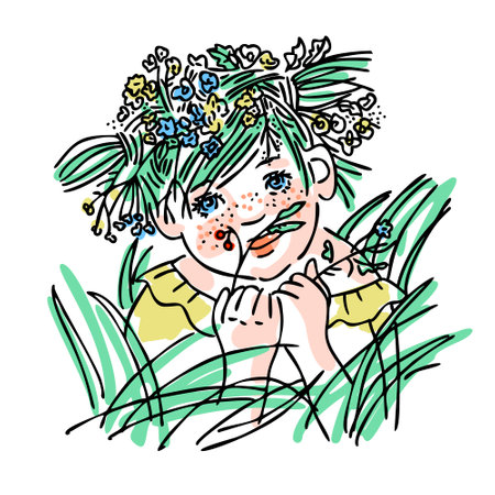 A Little Girl With A Flower Wreath on Her Head. Cute girl with a wreath of grass and flowers on her head in the contour style. A hand-drawn sketch. A beautiful face.のイラスト素材