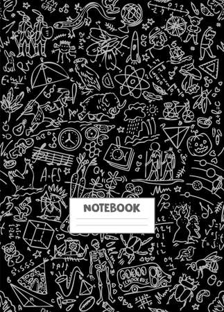 School notebook cover. College Notebooks. Background with hand drawn school drawings. Doodle style. Back to school.の写真素材