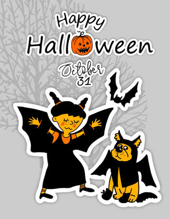 Happy Halloween. A greeting card. Cute Cartoon characters. Funny little children in colorful costumes. Flat Illustrationの写真素材