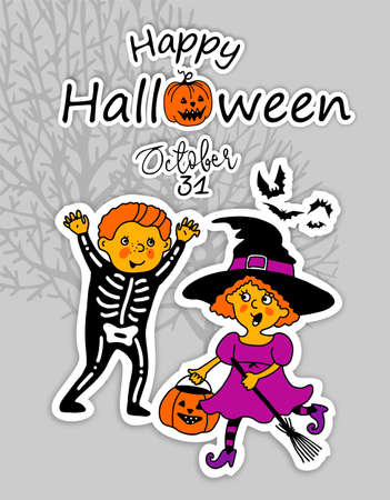 Happy Halloween. A greeting card. Cute Cartoon characters. Funny little children in colorful costumes. Flat Illustrationの写真素材