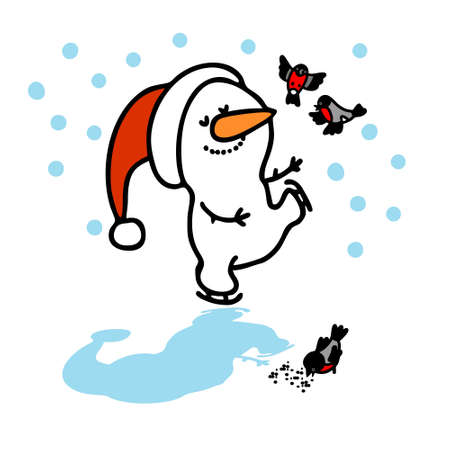 Cute Christmas Snowmen on skates. Vector set of funny snowmen on a white background. Doodle styleのイラスト素材