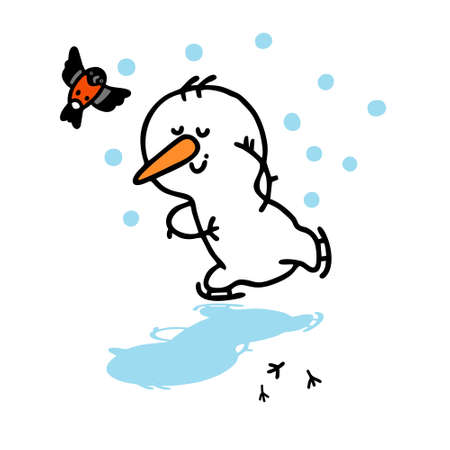 Cute Christmas Snowmen on skates. Vector set of funny snowmen on a white background. Doodle styleのイラスト素材
