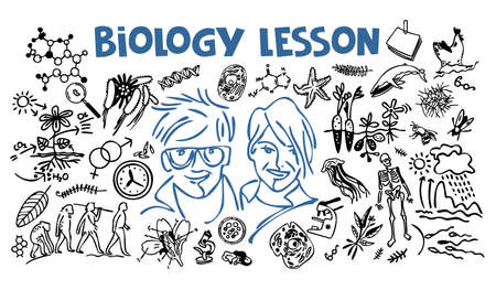 Biology lesson. A set of symbols for a biology lesson. Drawing lines on a white background.のイラスト素材