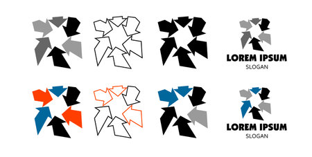 Vector logos of six arrows pointing to the center, isolated on a white background. The concept of unification and cooperationのイラスト素材