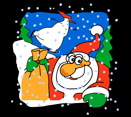 Vector illustration of Santa Claus. Christmas greeting card. A bag full of gifts. Snowmanのイラスト素材