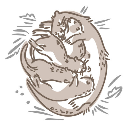 A mother otter feeds her young lying on her back. vector illustration. outline style.のイラスト素材