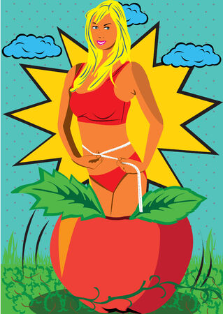 Comic vector illustration of a young woman coming from an apple and measuring her waist.のイラスト素材