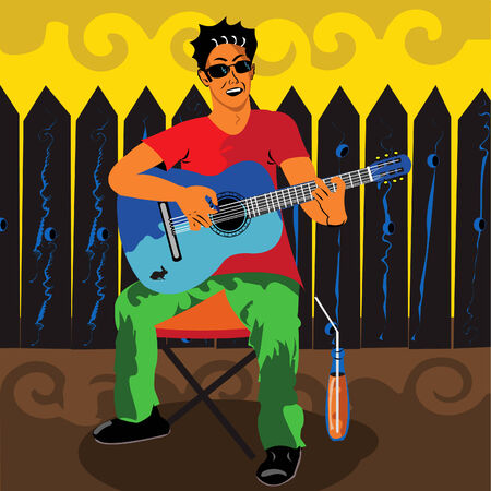 Vector illustration of a young man sitting outdoors playing the guitar with a juice beside him.のイラスト素材
