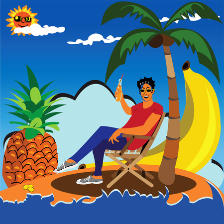 Vector illustration of a young man cheers with a juice on lonely island surrounded by a palm pineapple banana and small lemons. のイラスト素材