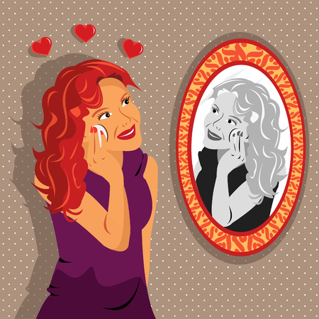 Vector illustration of a girl in front of mirror applying makeup with three harts above her headのイラスト素材