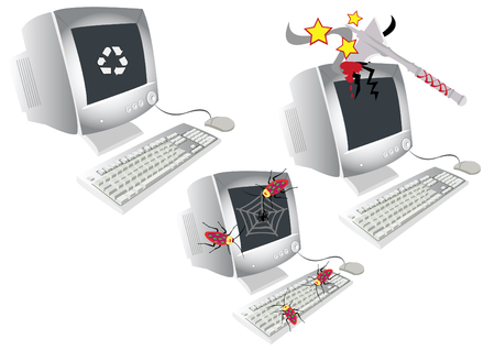 Vector illustration of three old computers: first with recycle sign on the screen second broke with axe third attacked by bugsのイラスト素材