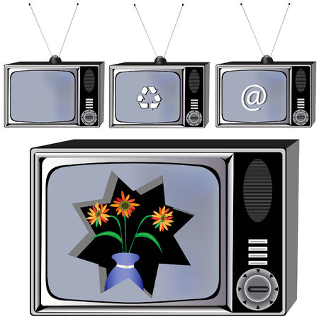 Old TV set with different signs and things on the screen and the last one has a vase inside it.のイラスト素材