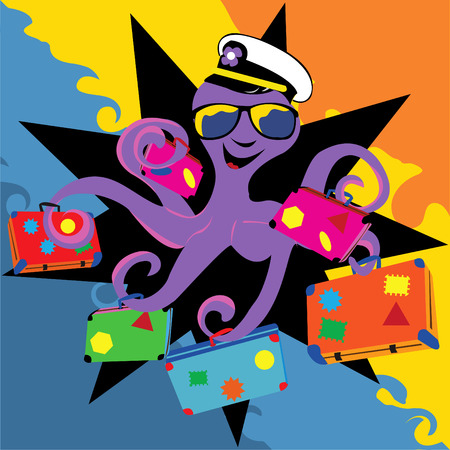 Abstract vector illustration of a smiling octopus with his sunglasses and a captain hat holding suitcases.のイラスト素材